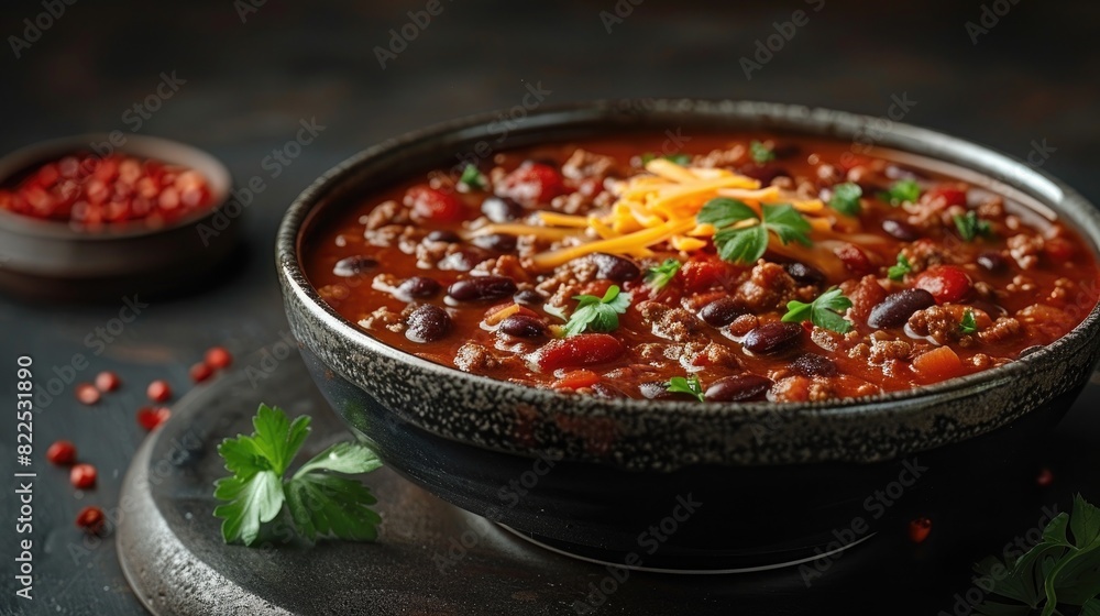 A hearty bowl of chili with beans, ground beef, and melted cheddar cheese on top, on a solid maroon background. A hearty bowl of chili with beans, ground beef, and melted cheddar cheese on top, on a solid maroon background.