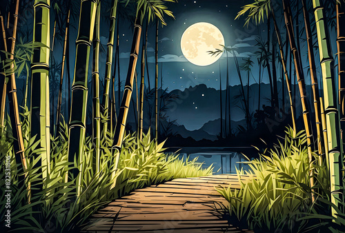 A peaceful night landscape of a bamboo forest  with the tranquil sounds of nature and the soft glow of moonlight creating a sense of serenity vector art illustration generative AI iamge. 