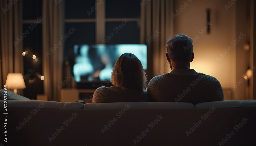 The image shows an adult couple watching TV at home on a sofa at night. The room is lit by soft, warm lights.
The image shows an adult couple watching TV at home on a sofa at night. The room is lit by soft, warm lights.