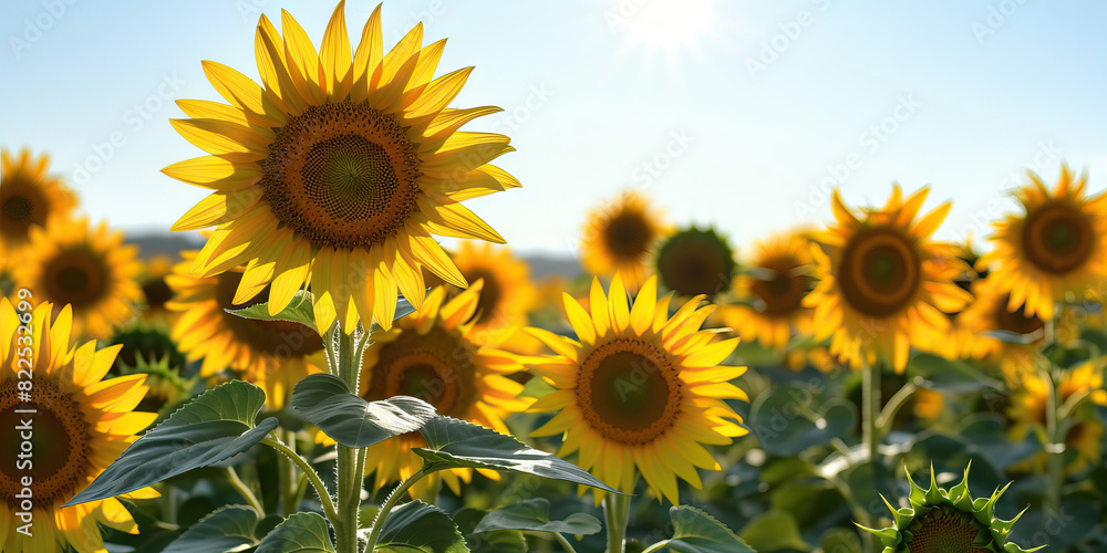 Obraz premium The Dancing Sunflowers: A field of bright yellow sunflowers bob and sway gently in the warm summer breeze, their heads nodding towards the brilliant sun high in the sky