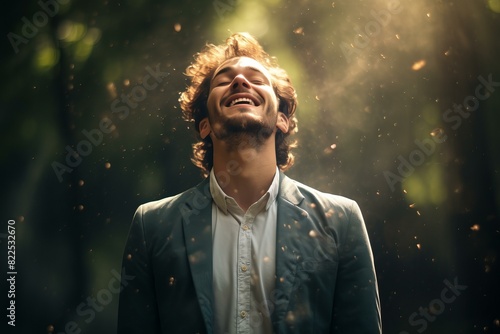 Joyful young man with curly hair basking in the sun's rays amidst a scene of floating forest specks photo