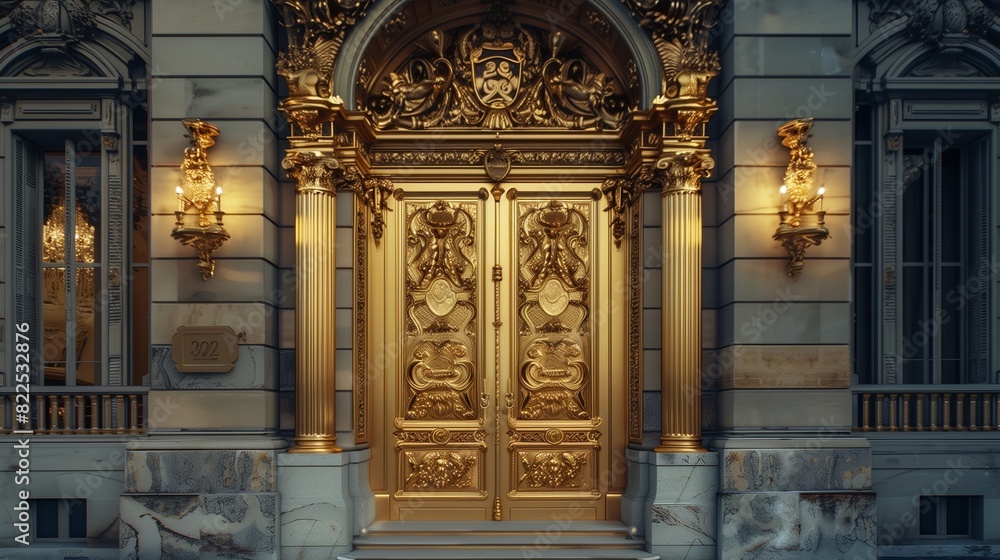 Luxurious Gold Toned Door with Baroque Style Carvings and Grand Entrance