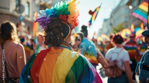 Pride gathering in a city square, rainbow flags and vibrant costumes --ar 16:9 Job ID: eb26de72-c8a0-4889-9659-1cc7b624c9fa