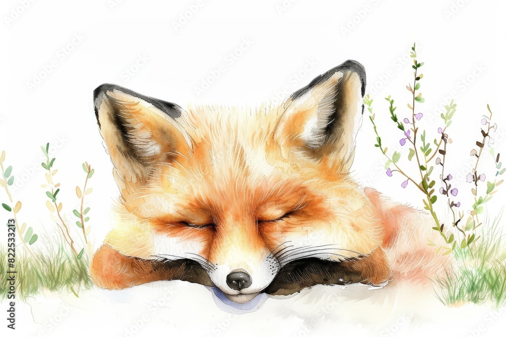 Fototapeta premium Woodland Animals & Plants Clipart Watercolor Set - Transparent PNGs - Nursery Clipart, Fox, Bear, Deer, Hedgehog. Beautiful simple AI generated image in 4K, unique.