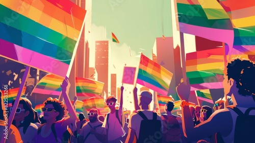 Pride march with supportive signs and banners, diverse group --ar 16:9 Job ID: 40018982-3238-4830-a377-df929e2c31f4 photo