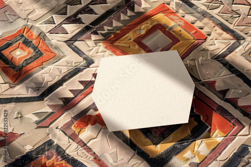 Creative pentagon-shaped blank business card mockup, with sharp angles and placed on a geometric patterned rug. photo