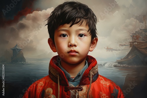 Detailed artwork featuring a young boy dressed in a red traditional asian garment with historical ships in the background photo
