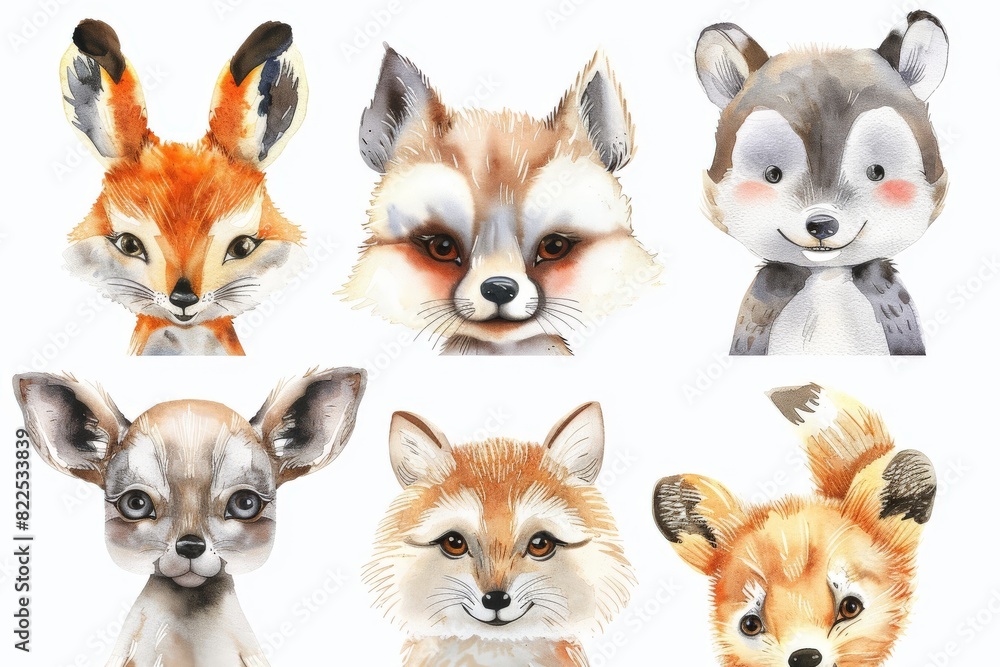 Obraz premium Woodland Animals & Plants Clipart Watercolor Set - Transparent PNGs - Nursery Clipart, Fox, Bear, Deer, Hedgehog. Beautiful simple AI generated image in 4K, unique.