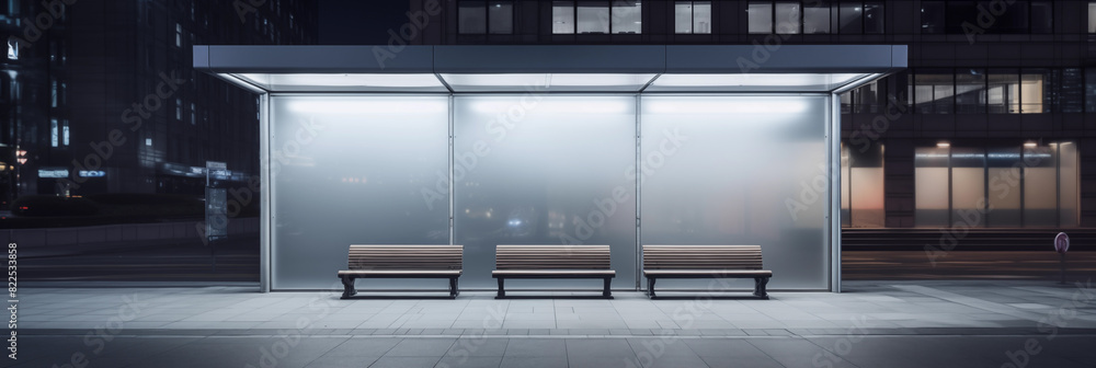 Empty white modern street billboard mockup. Bus stop in a city at night Empty white modern street billboard mockup. Bus stop in a city at night