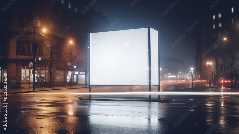 Vacant billboard against the backdrop of a rain-soaked street at night. Vacant billboard against the backdrop of a rain-soaked street at night.