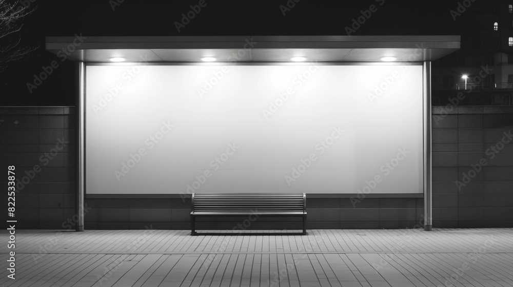 Empty white modern street billboard mockup. Bus stop in a city at night Empty white modern street billboard mockup. Bus stop in a city at night