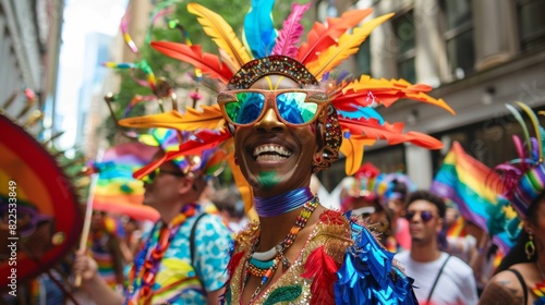 Pride parade with elaborate floats, participants in vibrant costumes --ar 16:9 Job ID: 3ab14726-865c-43ad-b715-bffa072ebe3e