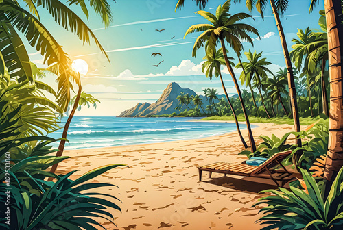 lively comic-style tropical beach scene with palm trees  sandy shores  and Monstera Philodendron leaves swaying in the breeze vector art illustration generative AI image. 