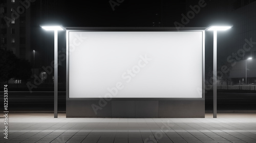 Empty white modern street billboard mockup. Bus stop in a city at night