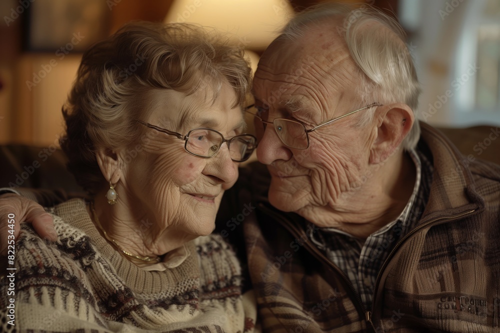 Portrait of a senior couple exuding warmth and affection for each other, in the cozy confines of their family home AI Generated. Portrait of a senior couple exuding warmth and affection for each other, in the cozy confines of their family home AI Generated.