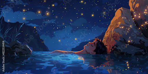 A weary traveler sinks into a hot spring, letting the warm waters soothe their aches and worries away as they gaze up at the twinkling stars above