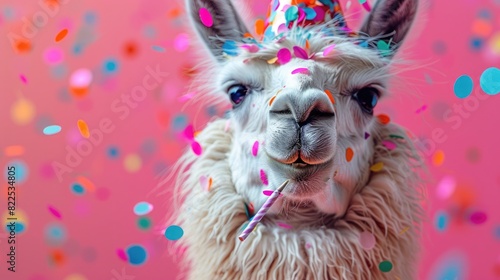 A llama with a party hat and confetti, blowing a party horn, on a bright pink background.