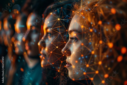 Profiles interconnected with data lines, symbolizing social networking. AI Generated.