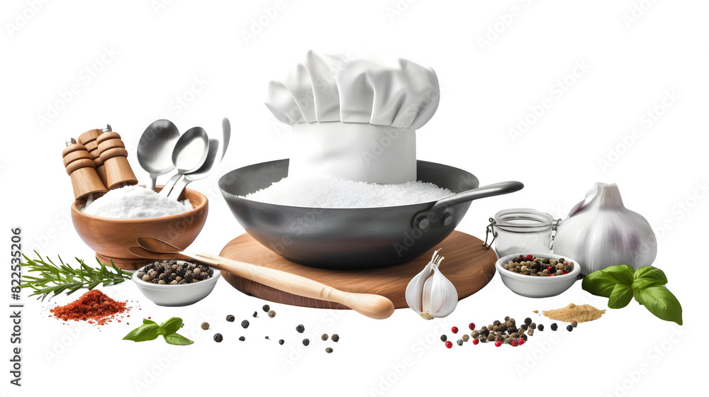 Chef's Cooking Station with Chef's Hat and Utensils for Culinary Creations, Isolated on White, Transparent Background, PNG File, Hand Edited Generative AI Chef's Cooking Station with Chef's Hat and Utensils for Culinary Creations, Isolated on White, Transparent Background, PNG File, Hand Edited Generative AI