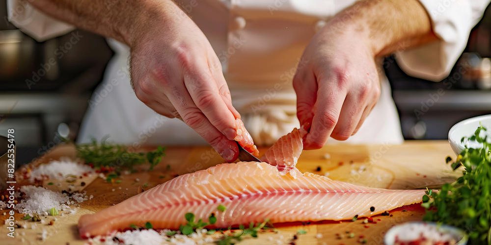 A chef expertly fillets a fresh fish the delicate flesh sliced on wood cutting board.