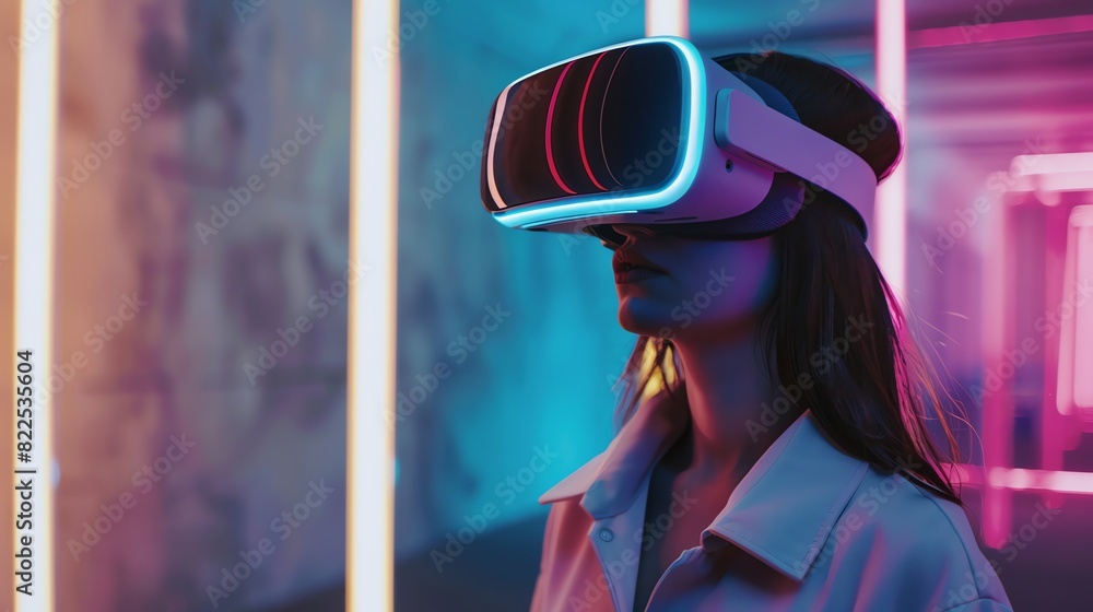Woman using VR technology with neon lights in the background Woman using VR technology with neon lights in the background