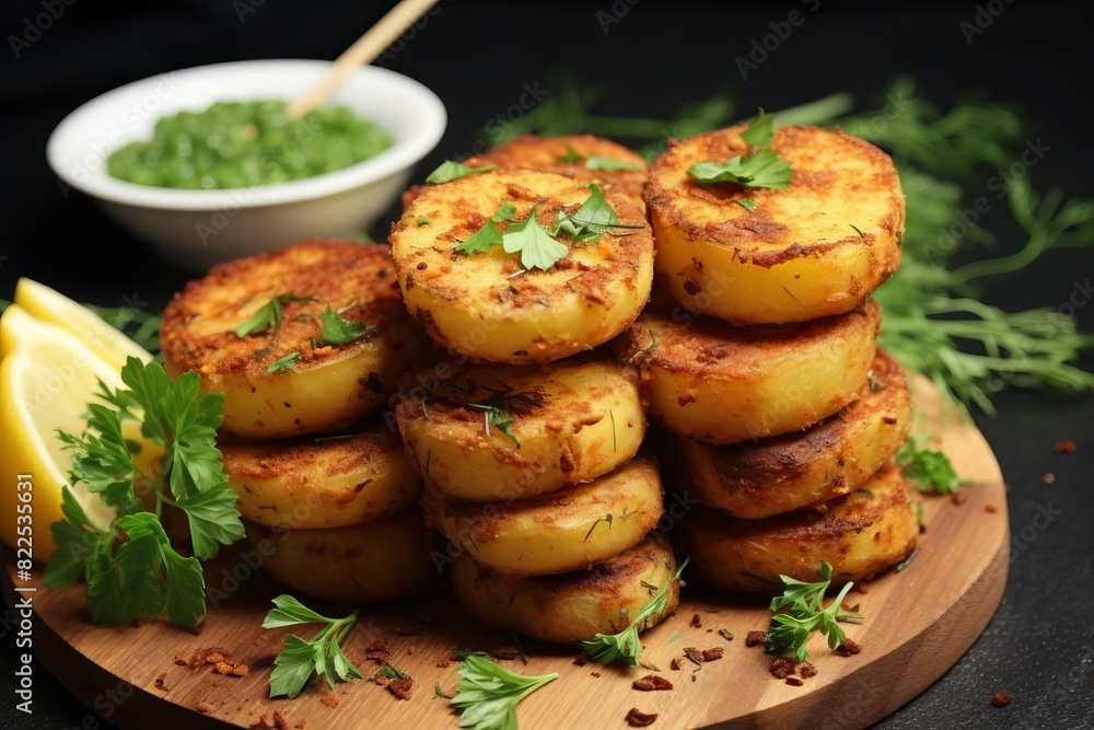 Herbed grilled potato medallions garnished with parsley on a dark background, served with lemon Herbed grilled potato medallions garnished with parsley on a dark background, served with lemon