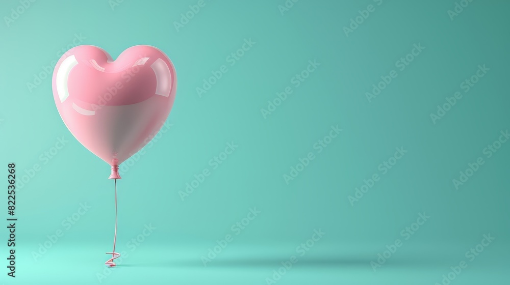  A pink balloon, tethered by a string, features a heart-shaped balloon at its tip Surrounding them is a backdrop of blue and green