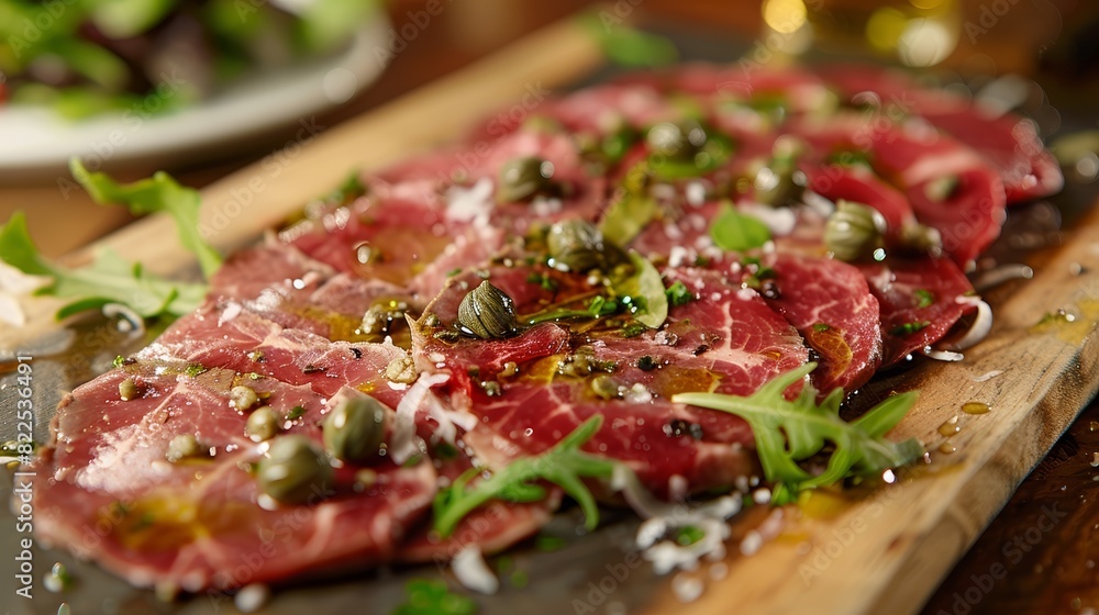 Gourmet beef carpaccio, thinly sliced, drizzled with olive oil and capers, elegant plating, high-end dining Gourmet beef carpaccio, thinly sliced, drizzled with olive oil and capers, elegant plating, high-end dining