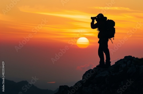 Silhouette of man standing on top mountain holding binoculars 