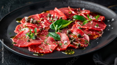 Gourmet beef carpaccio, thinly sliced, drizzled with olive oil and capers, elegant plating, high-end dining
