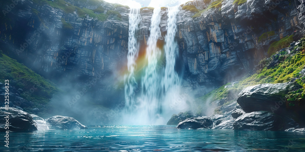 A majestic waterfall cascades down a sheer cliff, its spray misting the surrounding rocks, creating a rainbow of colors. A majestic waterfall cascades down a sheer cliff, its spray misting the surrounding rocks, creating a rainbow of colors.