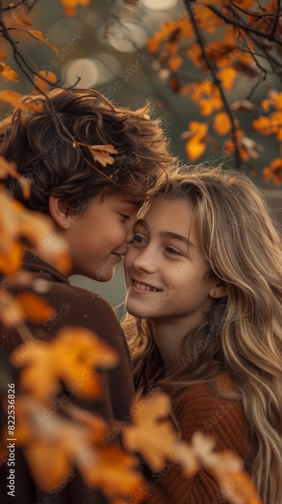 Profile of a boy whispering to a smiling girl, surrounded by amber fall foliage, natural light, medium shot. Profile of a boy whispering to a smiling girl, surrounded by amber fall foliage, natural light, medium shot.