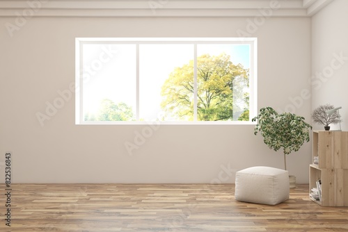 White empty room with summer landscape in window. Scandinavian interior design. 3D illustration