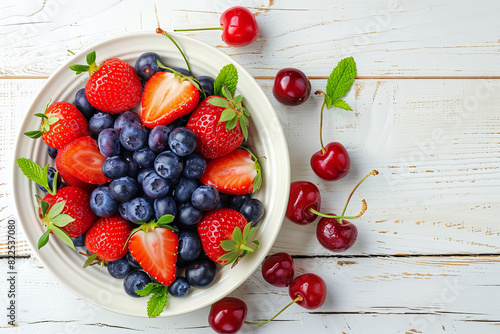 Fruit salad with strawberry  blueberry  sweet cherry on wooden white background. Flat lay 