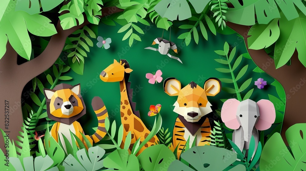 Naklejka premium World Wildlife Day celebrated with animals in the forest, presented in a blend of paper art and digital craft styles.