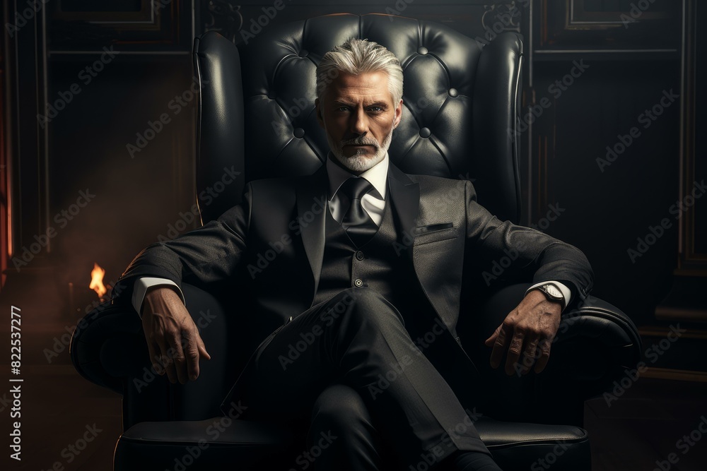 Imposing elder businessman sits confidently in a luxurious leather chair by the fireplace Imposing elder businessman sits confidently in a luxurious leather chair by the fireplace
