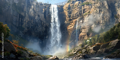 A majestic waterfall cascades down a sheer cliff  its spray misting the surrounding rocks  creating a rainbow of colors.