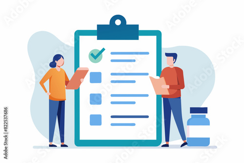 Two individuals standing next to a clipboard with a checklist on it, people write drug prescriptions from doctors, Simple and minimalist flat Illustration 