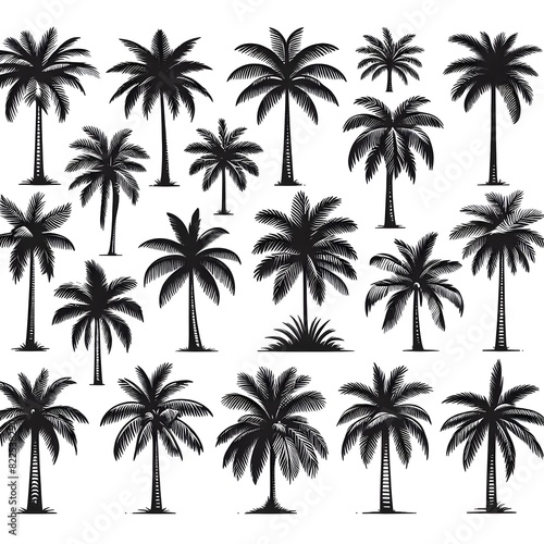palm tree silhouettes, palm island, Set of tree silhouette on white background