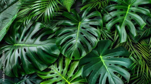  A tight shot of numerous green leaves against a black backdrop One leaf features a green spot at its center  while another green dot lies in the heart of the image