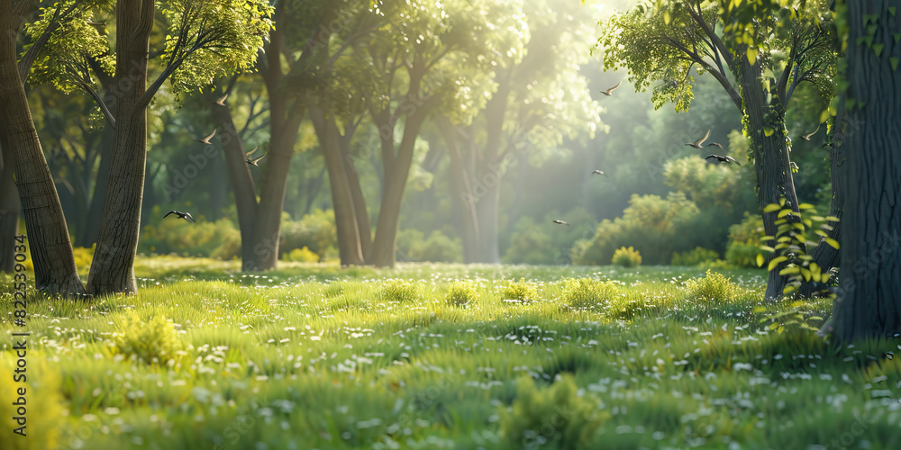 A tranquil forest glade, dappled in sunlight, the trees swaying gently in the breeze, the air filled with the song of birds A tranquil forest glade, dappled in sunlight, the trees swaying gently in the breeze, the air filled with the song of birds