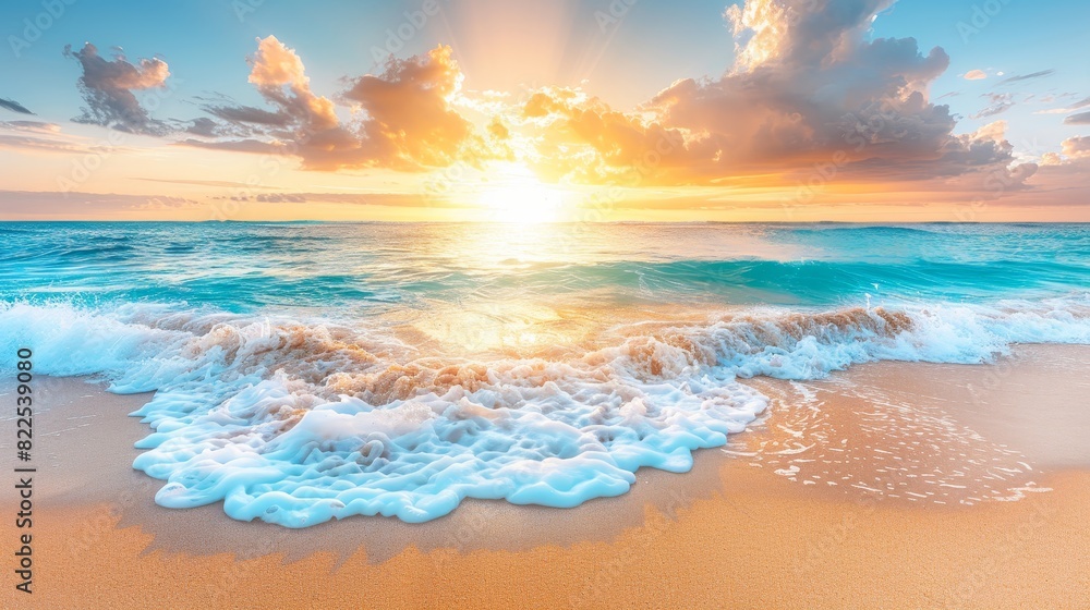 Panoramic tropical beach sunset with golden horizon, calm seascape, and tranquil summer mood