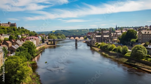 A picturesque river meanders through a charming town with historic buildings, bridges, and a scenic vibe.