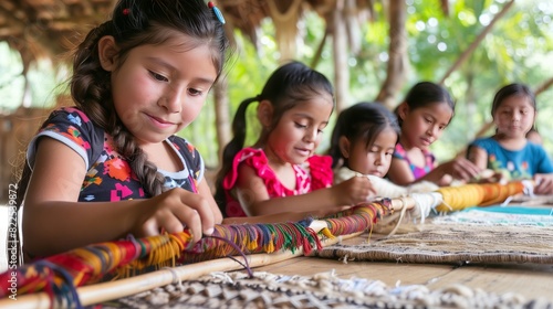 Children engage in a hands-on workshop on ancient weaving techniques, fostering creativity and cultural heritage.