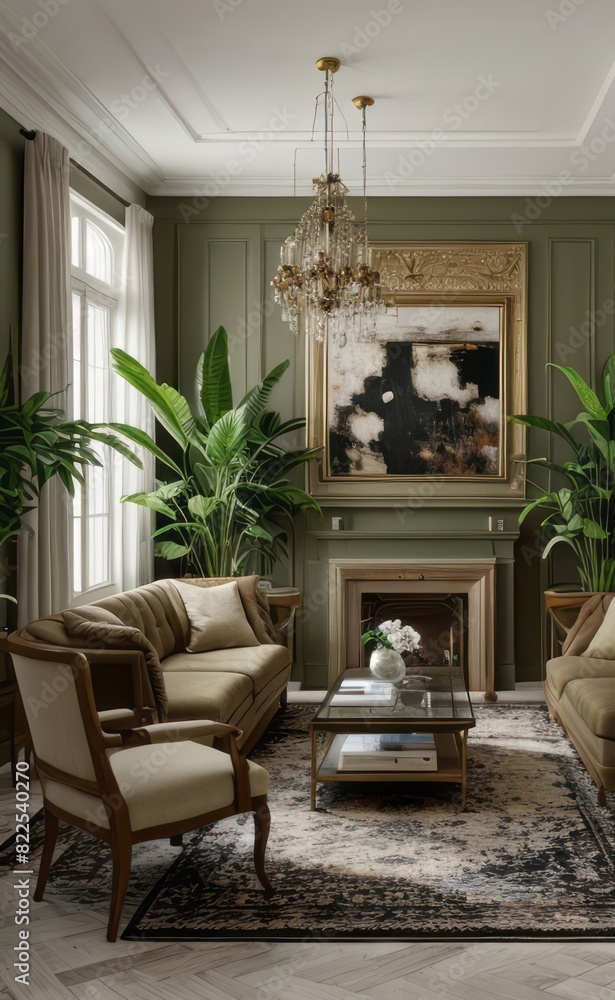Fototapeta premium Stylish professional photograph of a dark green and brass luxury living room interior with velvet furniture and tropical plants
