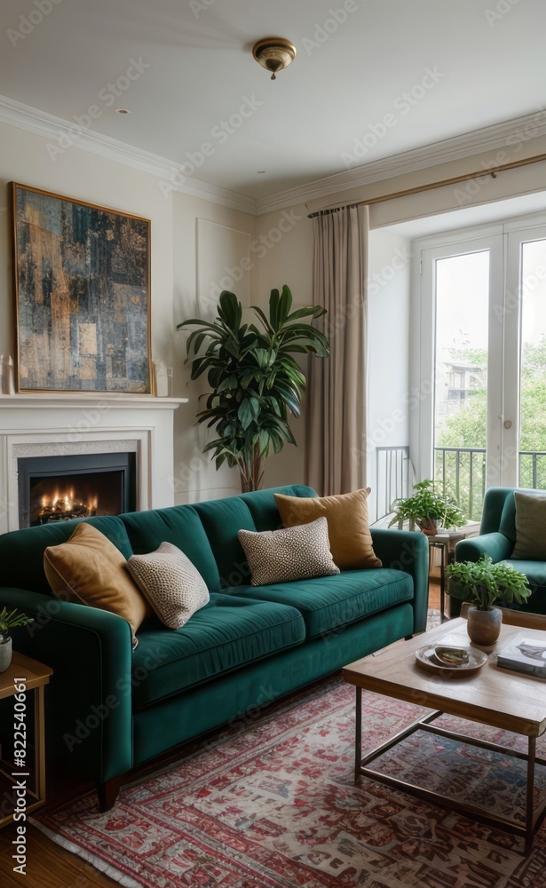 Obraz premium Stylish professional photograph of a dark green and brass luxury living room interior with velvet furniture and tropical plants