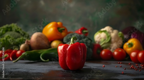 Single pepper  A single red pepper stands out amongst the other vegetables  perfectly lit against a dark background