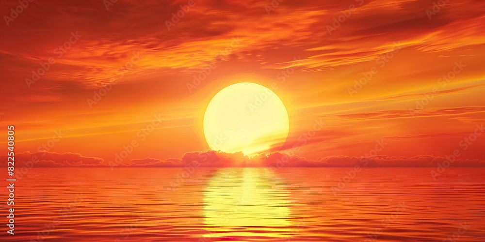 A bright orange sun dips below the horizon, casting a warm hue across the sky. A bright orange sun dips below the horizon, casting a warm hue across the sky.