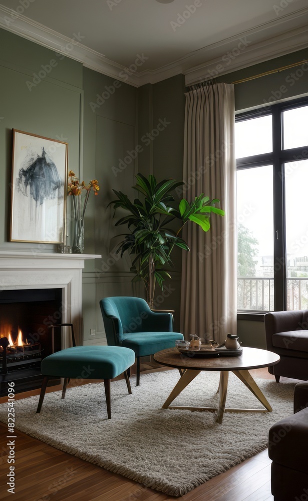 Stylish professional photograph of a dark green and brass luxury living room interior with velvet furniture and tropical plants Stylish professional photograph of a dark green and brass luxury living room interior with velvet furniture and tropical plants