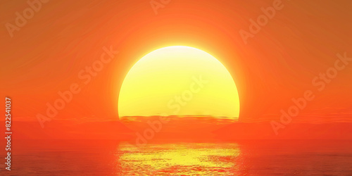 A bright orange sun dips below the horizon  casting a warm hue across the sky.